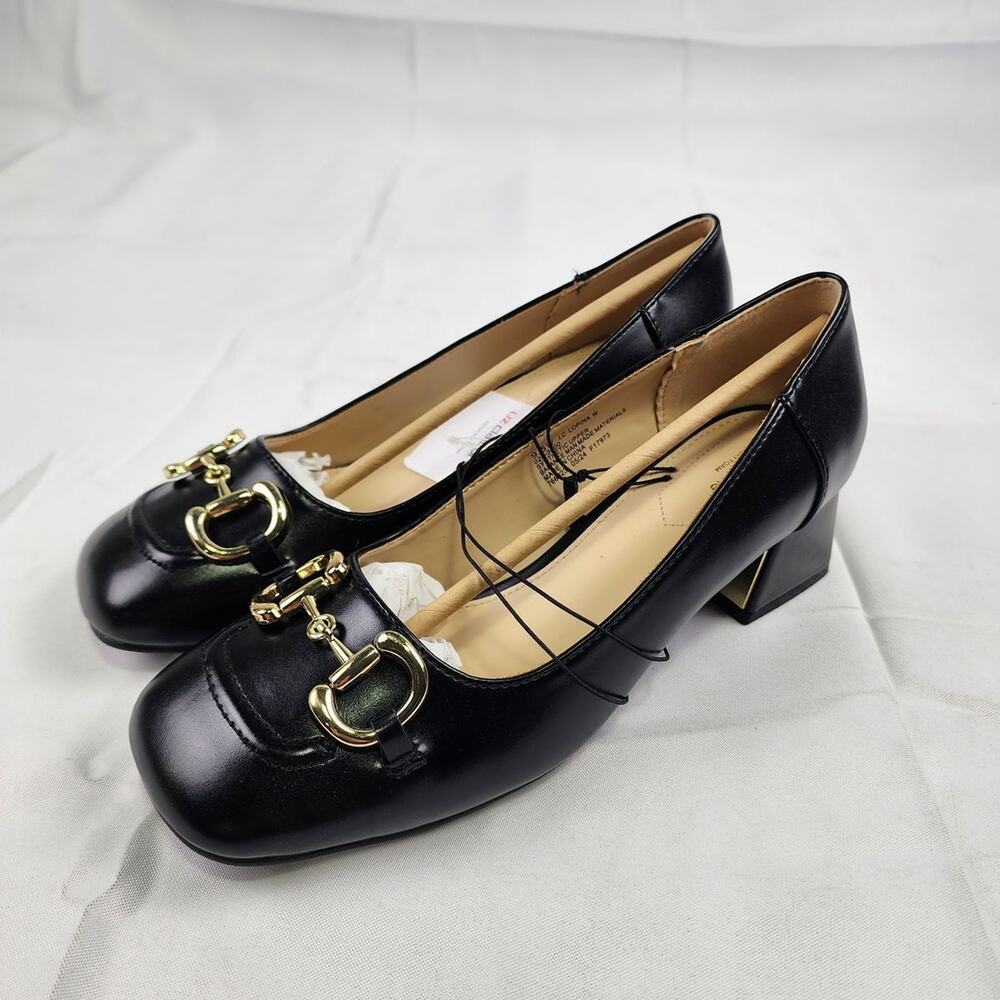 Liz Claiborne Women's Lopina Black Block Heel Pumps 9.5W Gold Buckle Square Toe